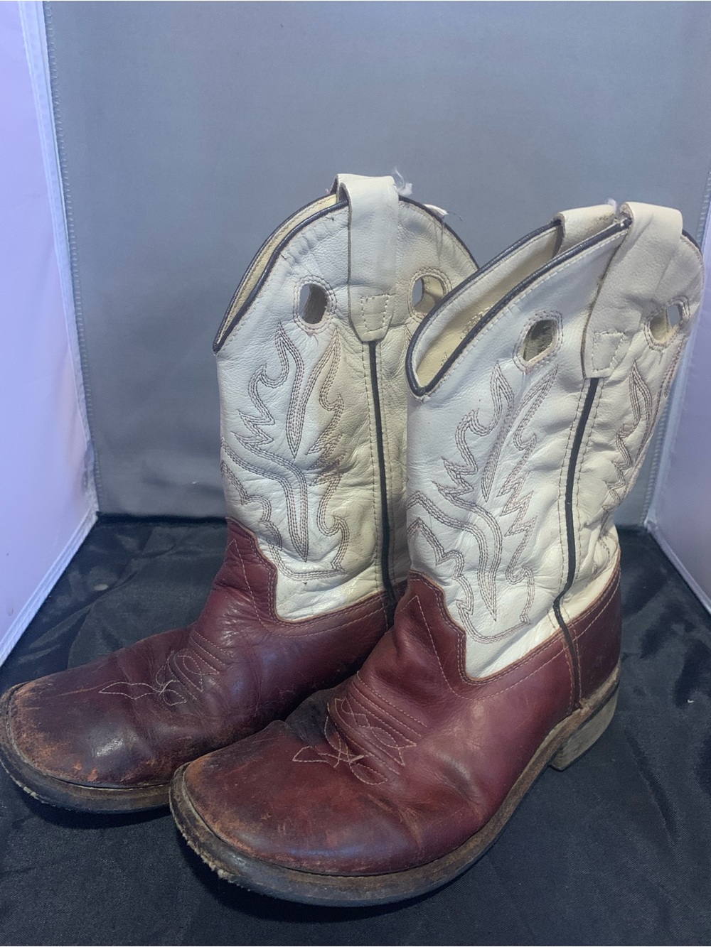 Kid’s ( Unisex ) Old West White and Brown Two-Tone Leather Cowboy Boots